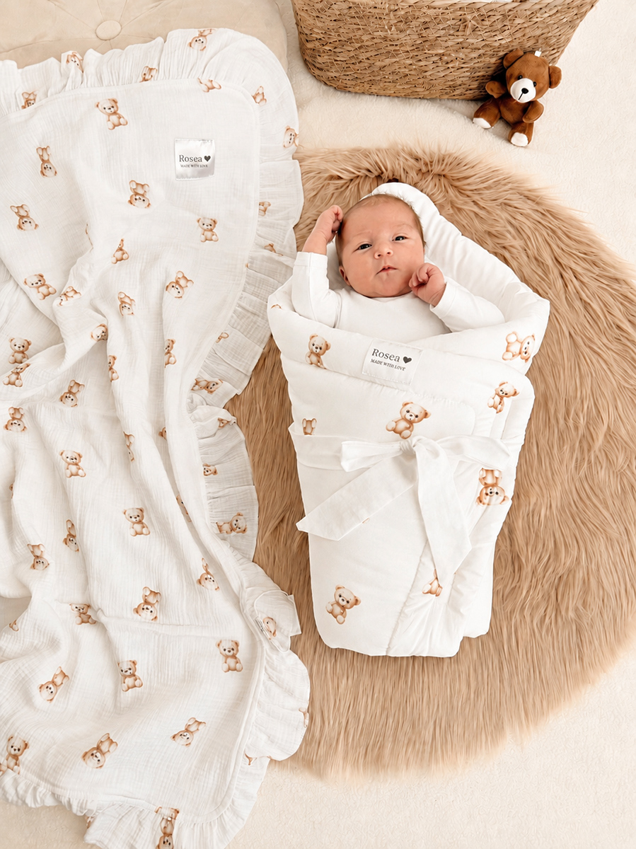 JASTUK ZA NOSENJE TEDDY BEAR Bijeli jastuk za nošenje bebe sa uzorkom slatkih medvjedića